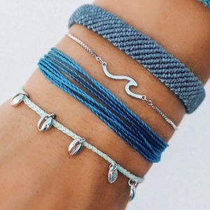 **NEW** Pura Vida 4 bracelet style pack: 2 blue, 1 teal w/shells, 1 metal wave